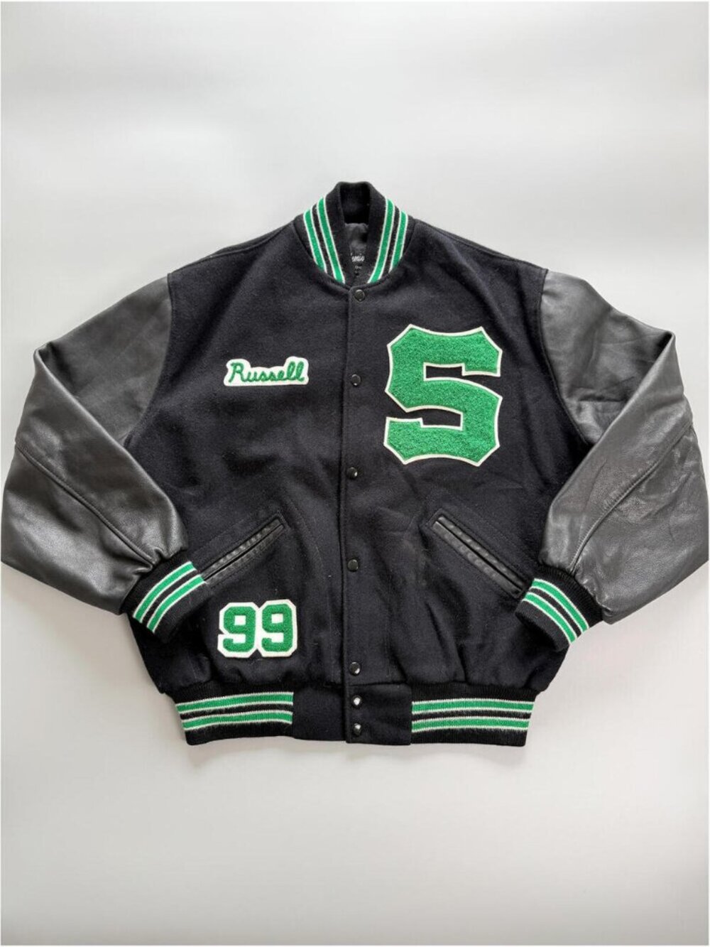 Vintage Letterman‎ Jacket Black Wool Leather Sleeves, Varsity Jacket Russell 99